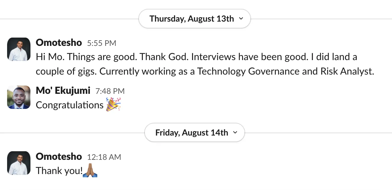 Message from a participant who landed a Technology Governance and Risk Analyst role
