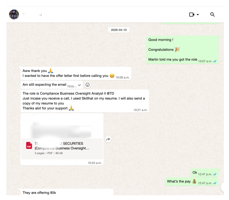 Slack message about a Manager IT Risk Advisory job offer